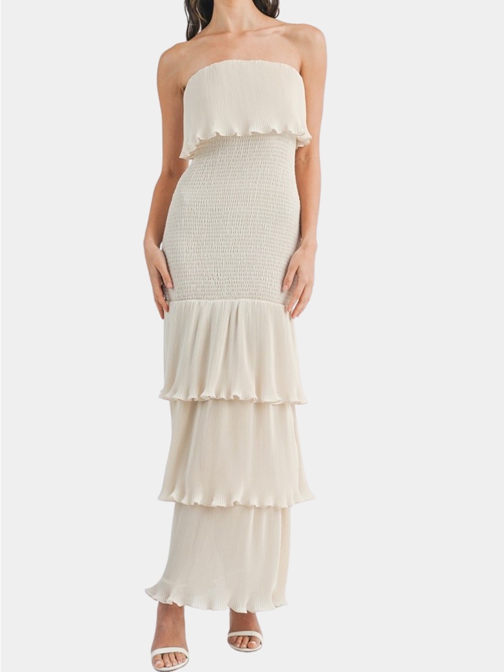 Strapless Cream Tiered Maxi Dress